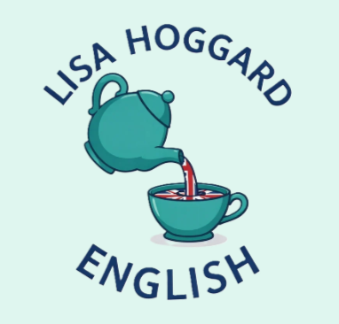 Lisa Hoggard English logo featuring the text "Lisa Hoggard English" and a teal teapot pouring tea into a teal teacup. The tea being poured into the cup features the red, white and blue Union Jack design.